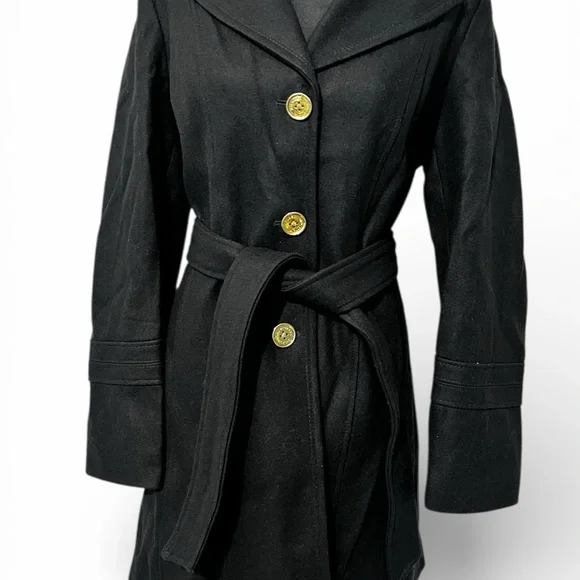 Michael Kors Elegant Black Hooded Trench Coat with Gold Accents (item#d10001) - Picture 7 of 12